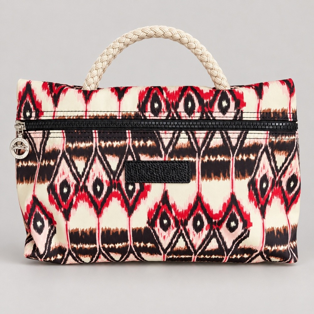 Longchamp Le Pliage Nylon Pouch Womens Small Red Cream Ikat Boho Rope Handle Bag